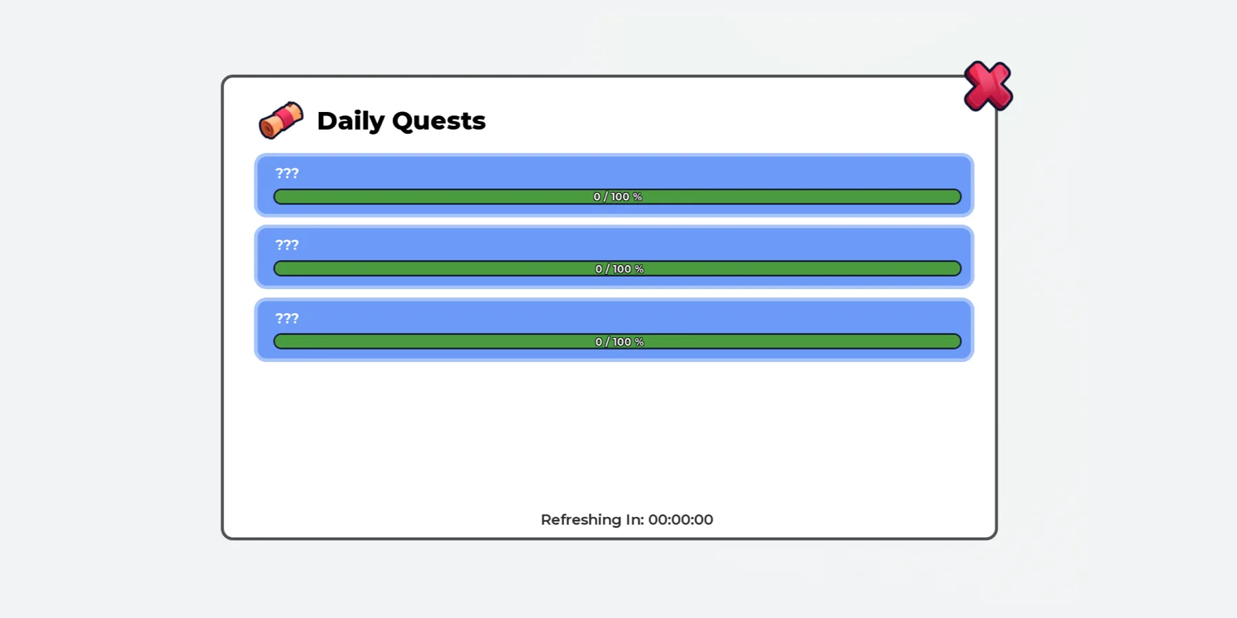 The Daily Quests menu with three quests, their progress bars and the refresh timer