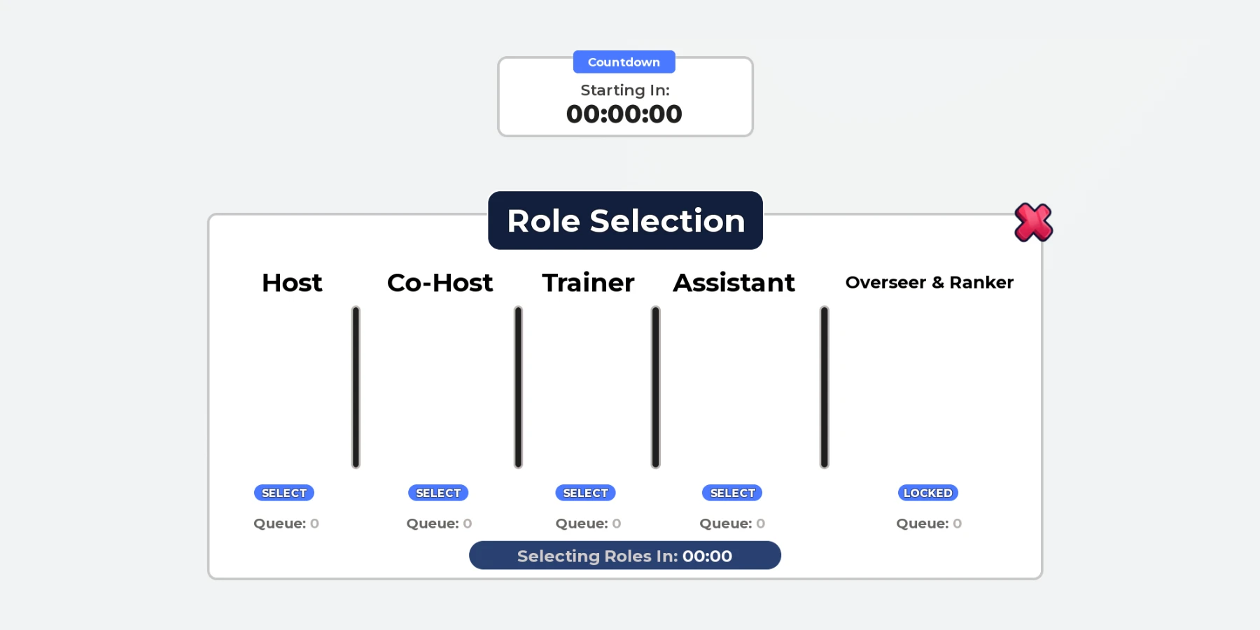 The Role Selection menu with Host, Co-Host, Trainer, Assistant and Overseer & Ranker, under the countdown
