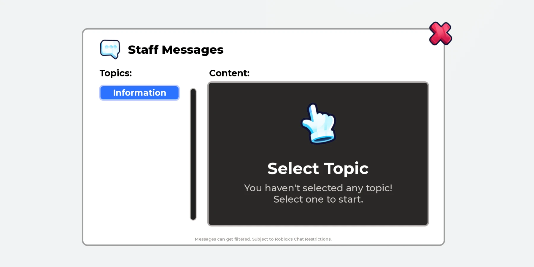 The Staff Messages menu with a list of topics and a content panel