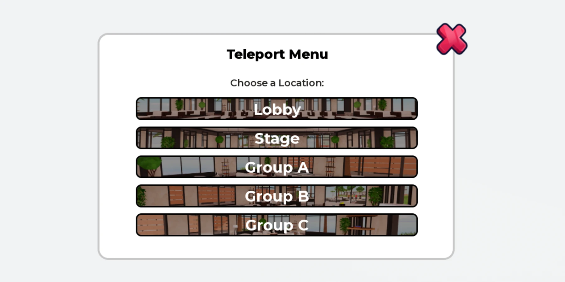 The Teleport Menu with Lobby, Stage, Group A, Group B and Group C