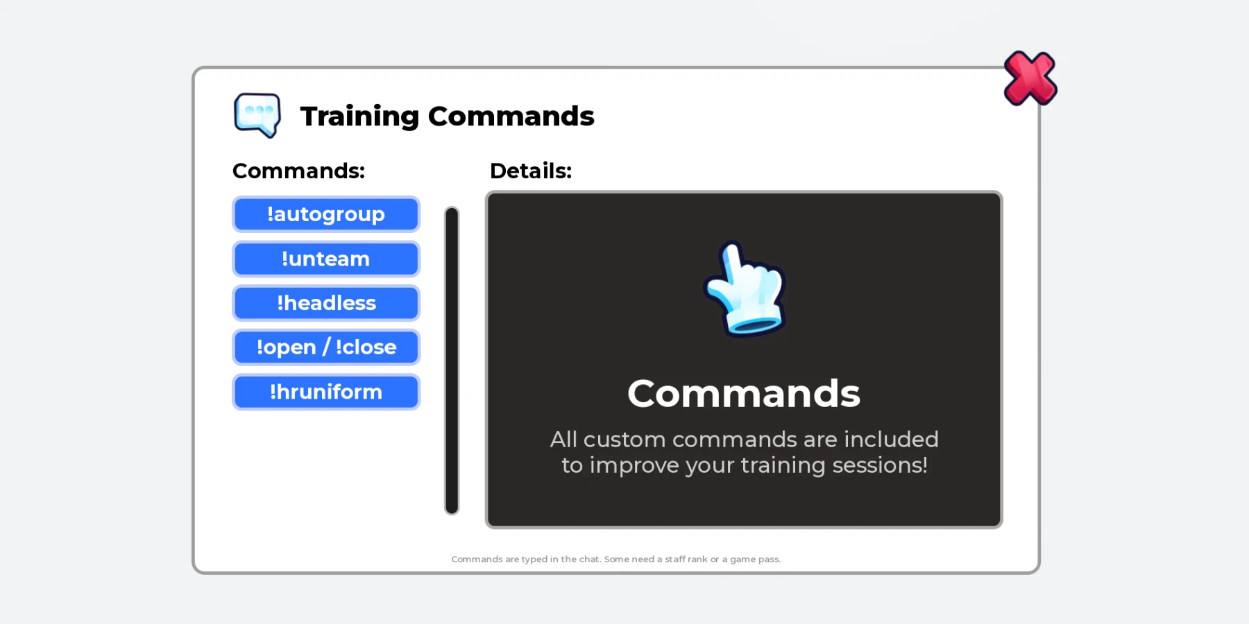 The Training Commands menu listing !autogroup, !unteam, !headless, !open / !close and !hruniform